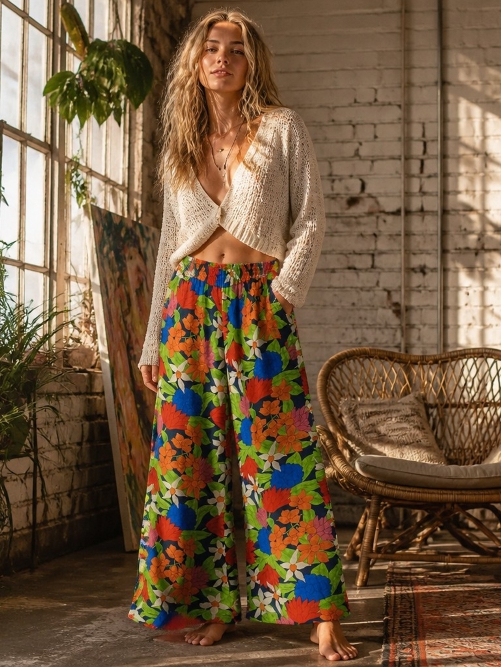 Chaus Floral Wide-Leg Pull-On Pants in Multi-Color
